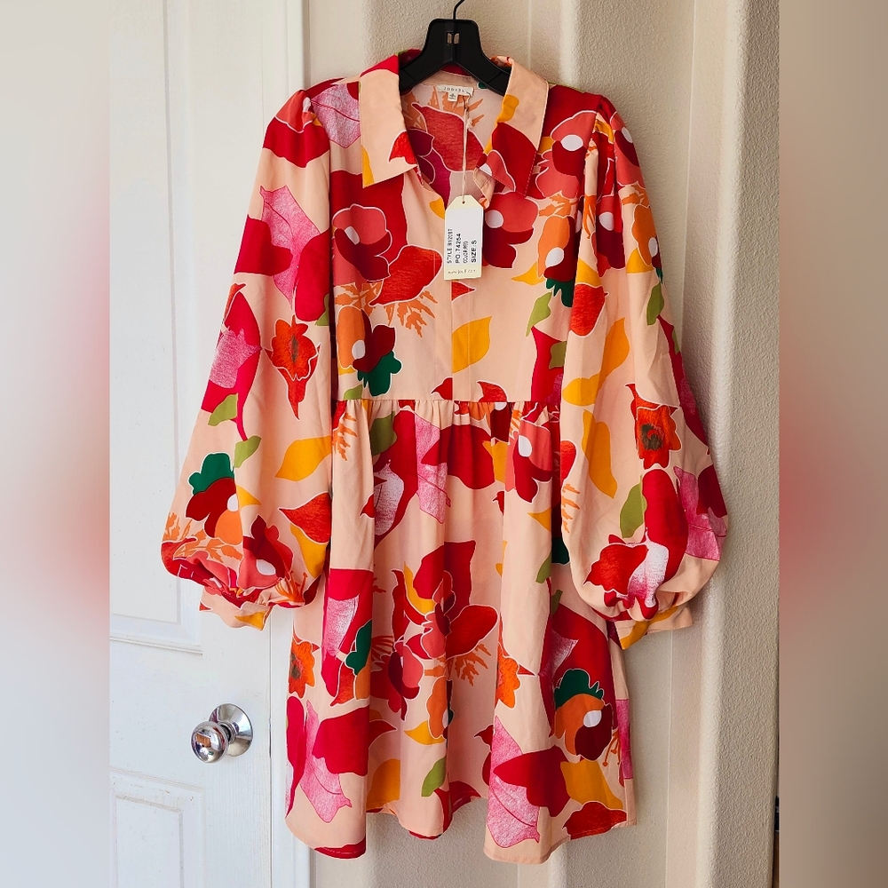 NWOT JODIFL Balloon  Sleeve Stripe Collar Floral Dress Size S